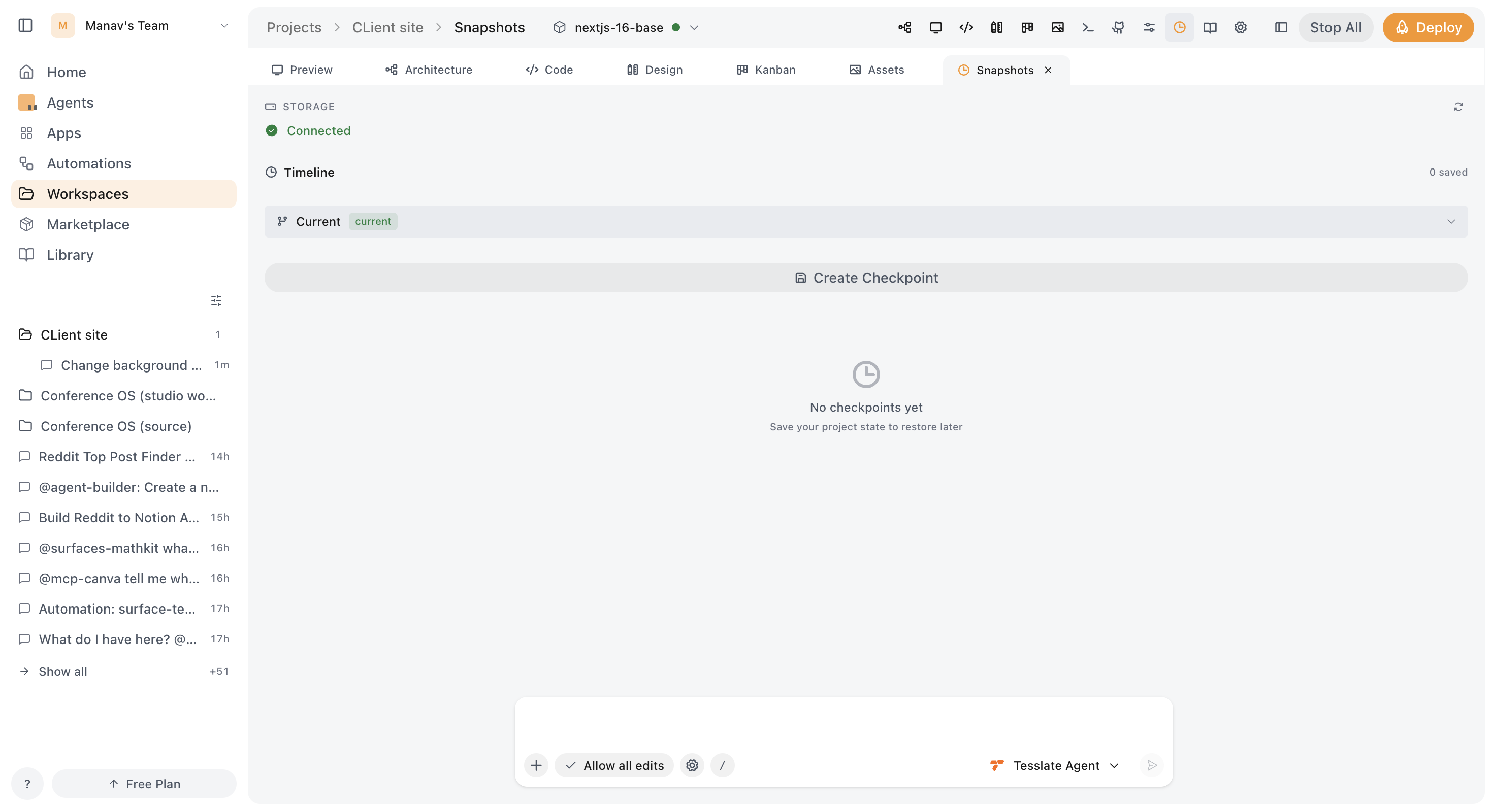 Checkpoint timeline for a project — roll back to any prior state