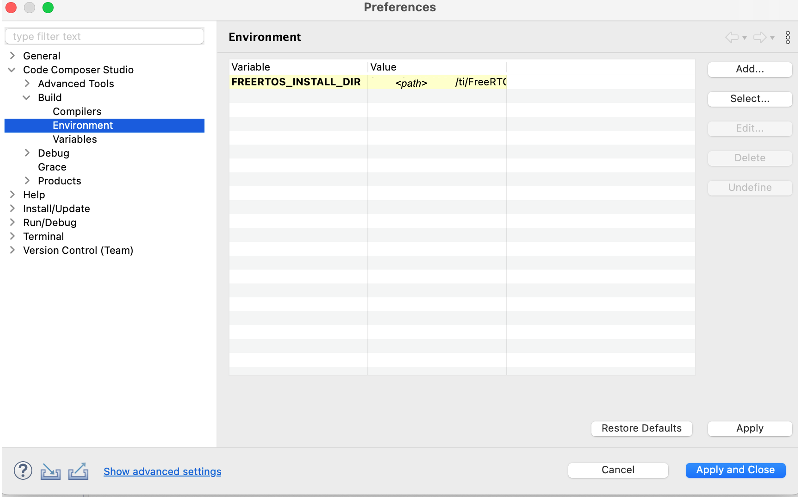 CCS FREERTOS_INSTALL_DIR Variable Assignment