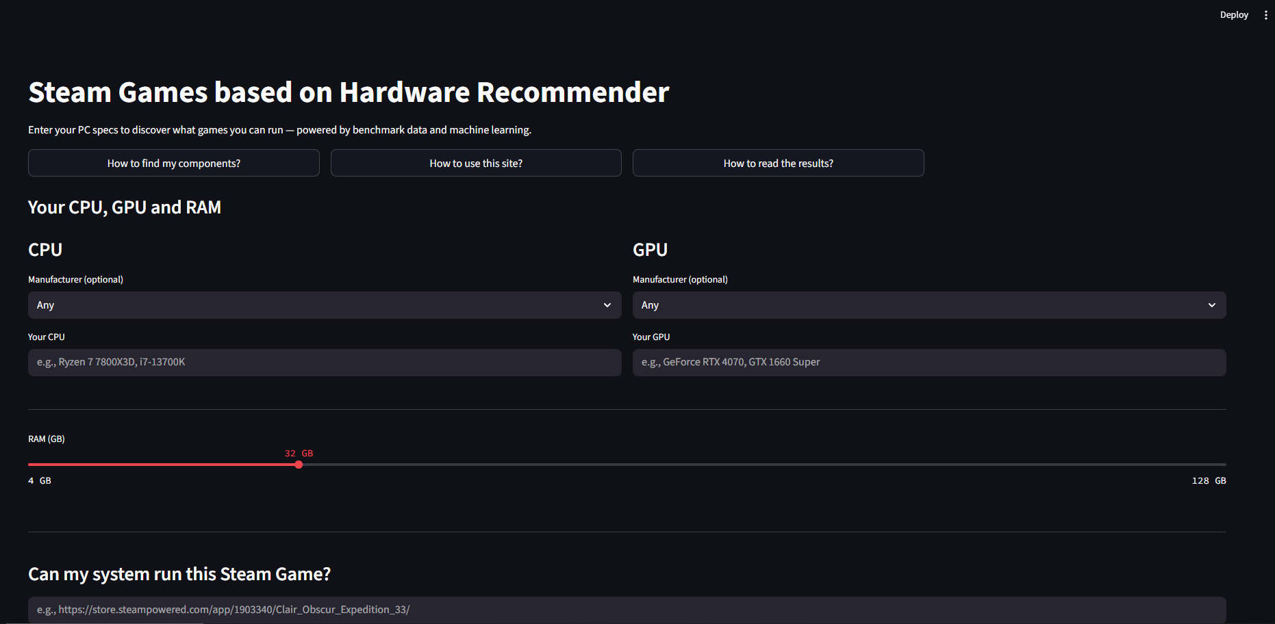 Screenshot of the Steam Hardware Recommender Streamlit application interface