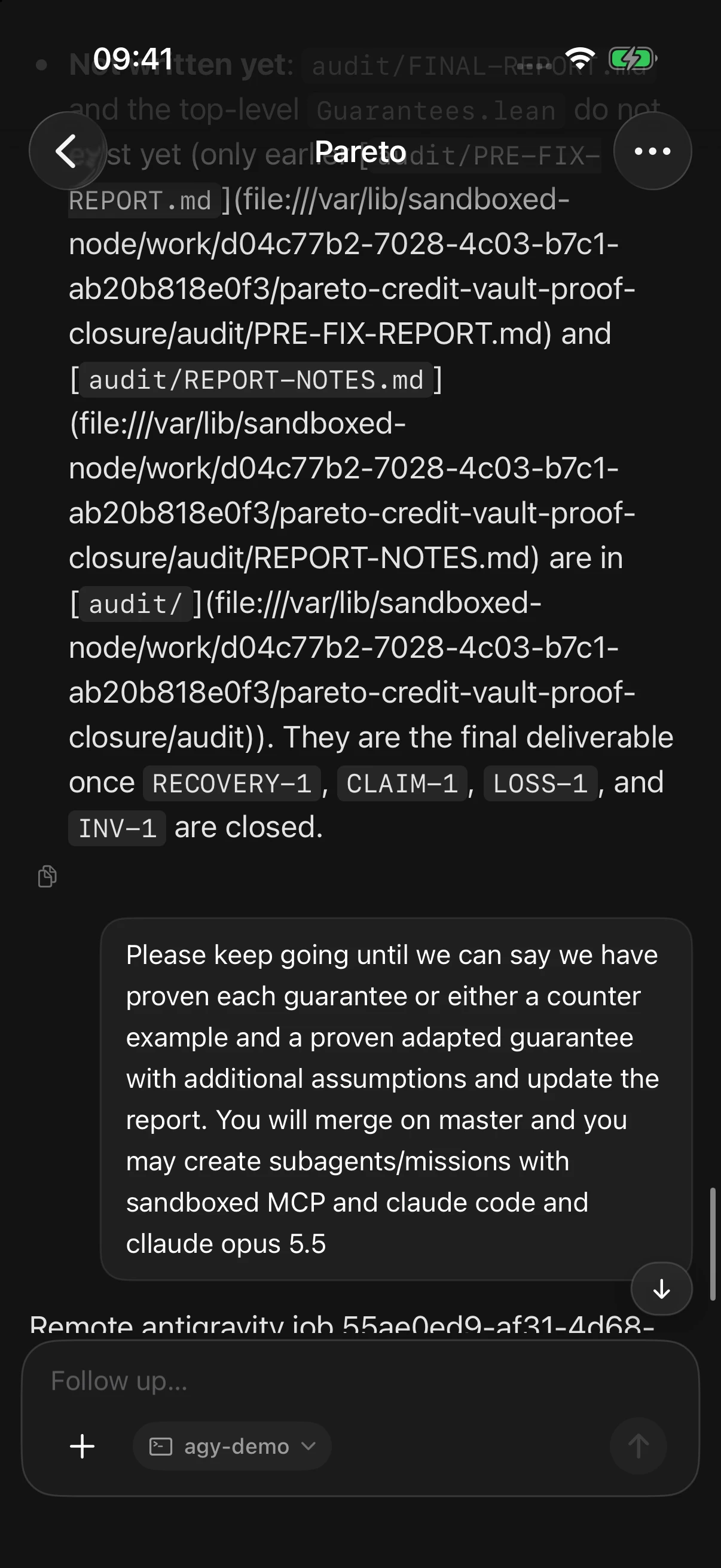 Orb on iOS showing the Pareto mission conversation in Verity