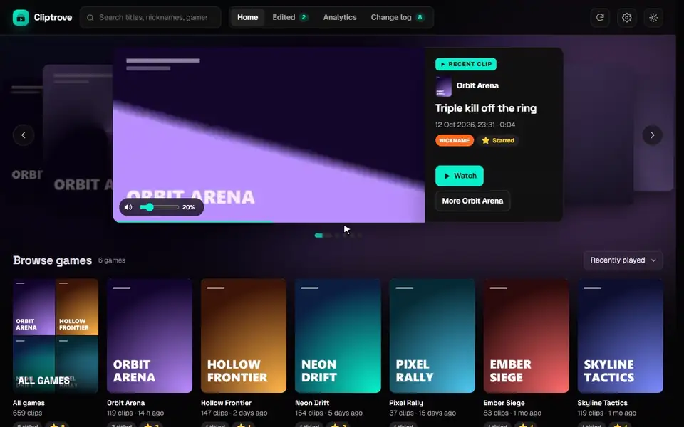Cliptrove in action: browsing a game, previewing a clip, turning down the Mic, starring it, and the Analytics tab