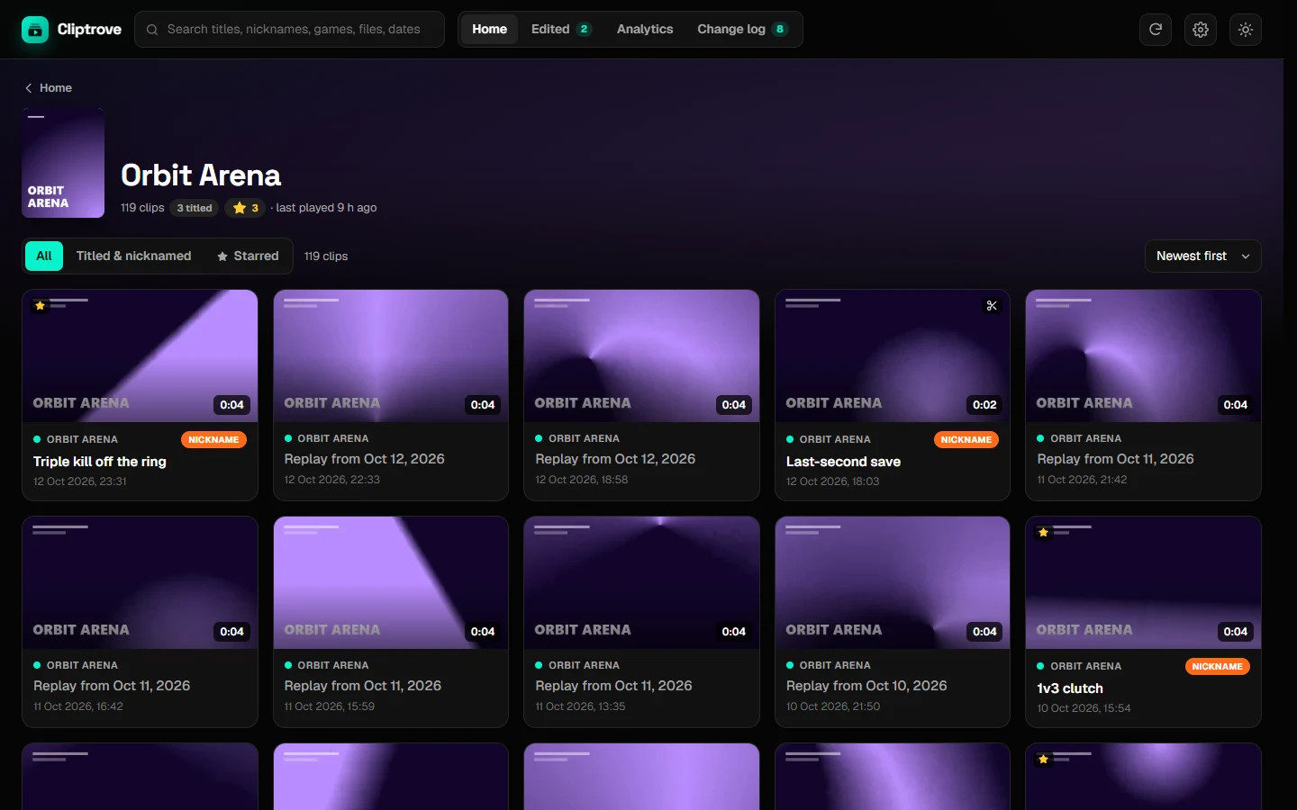 A game's page with its clips
