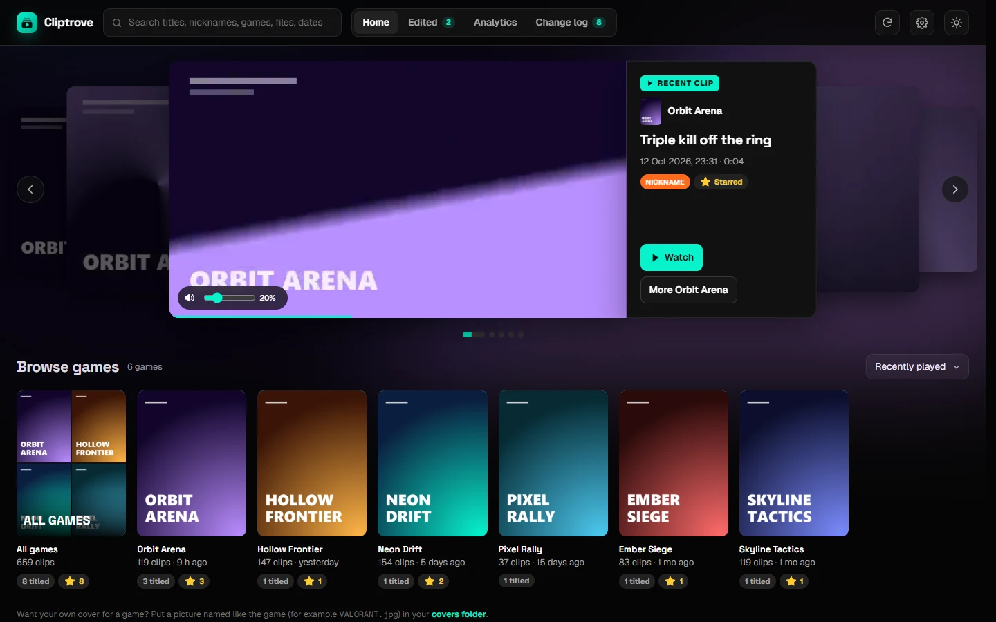 Cliptrove's home page: your newest clips play in a carousel, with a tile for each game below