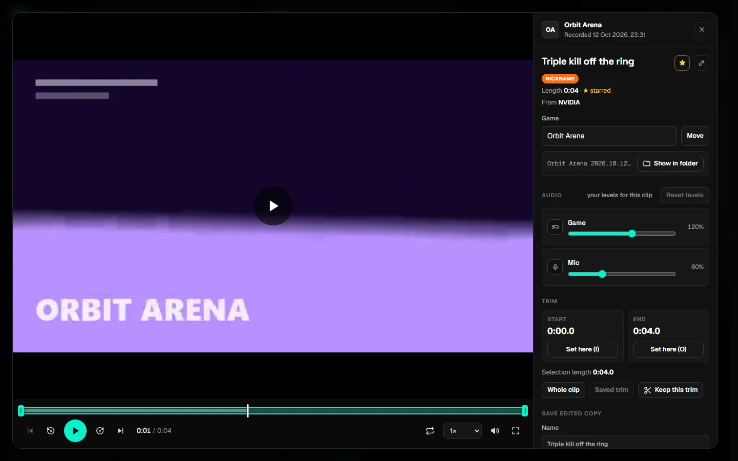 The player with Game and Mic volume sliders, trim controls and saving