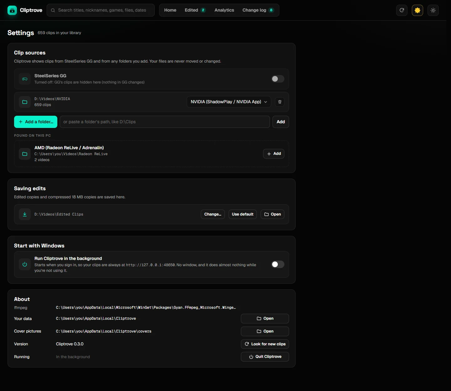 Settings: SteelSeries GG, a clips folder, and a folder Cliptrove found on this PC