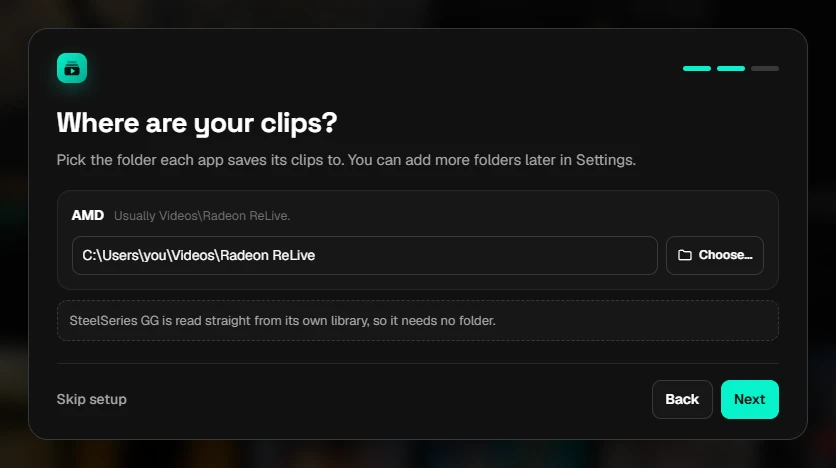 Setup: the AMD clips folder is filled in, with a Choose button