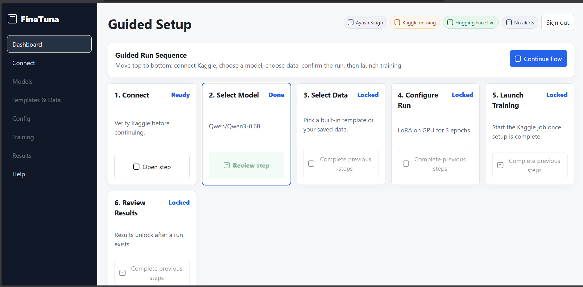 FineTuna dashboard showing guided setup flow, provider connection status, and recent training activity