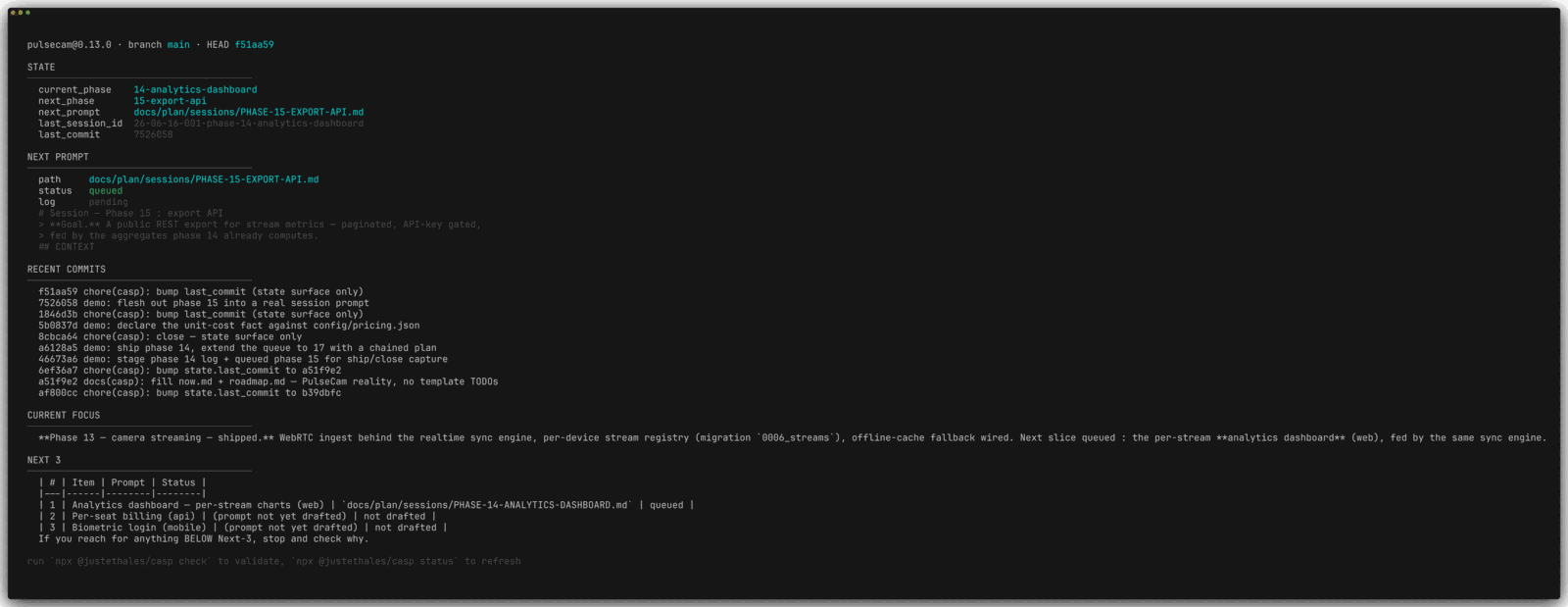 casp status showing current phase, next slice and recent commits