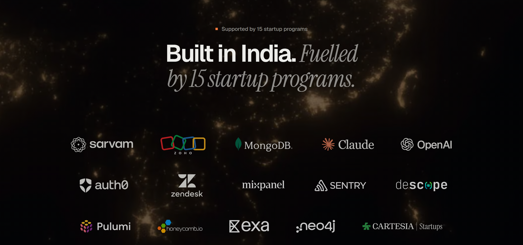 LLMSlim is part of 15 startup programs: Sarvam, Zoho, MongoDB, Claude, OpenAI, Auth0, Zendesk, Mixpanel, Sentry, Descope, Pulumi, Honeycomb, Exa, Neo4j and Cartesia