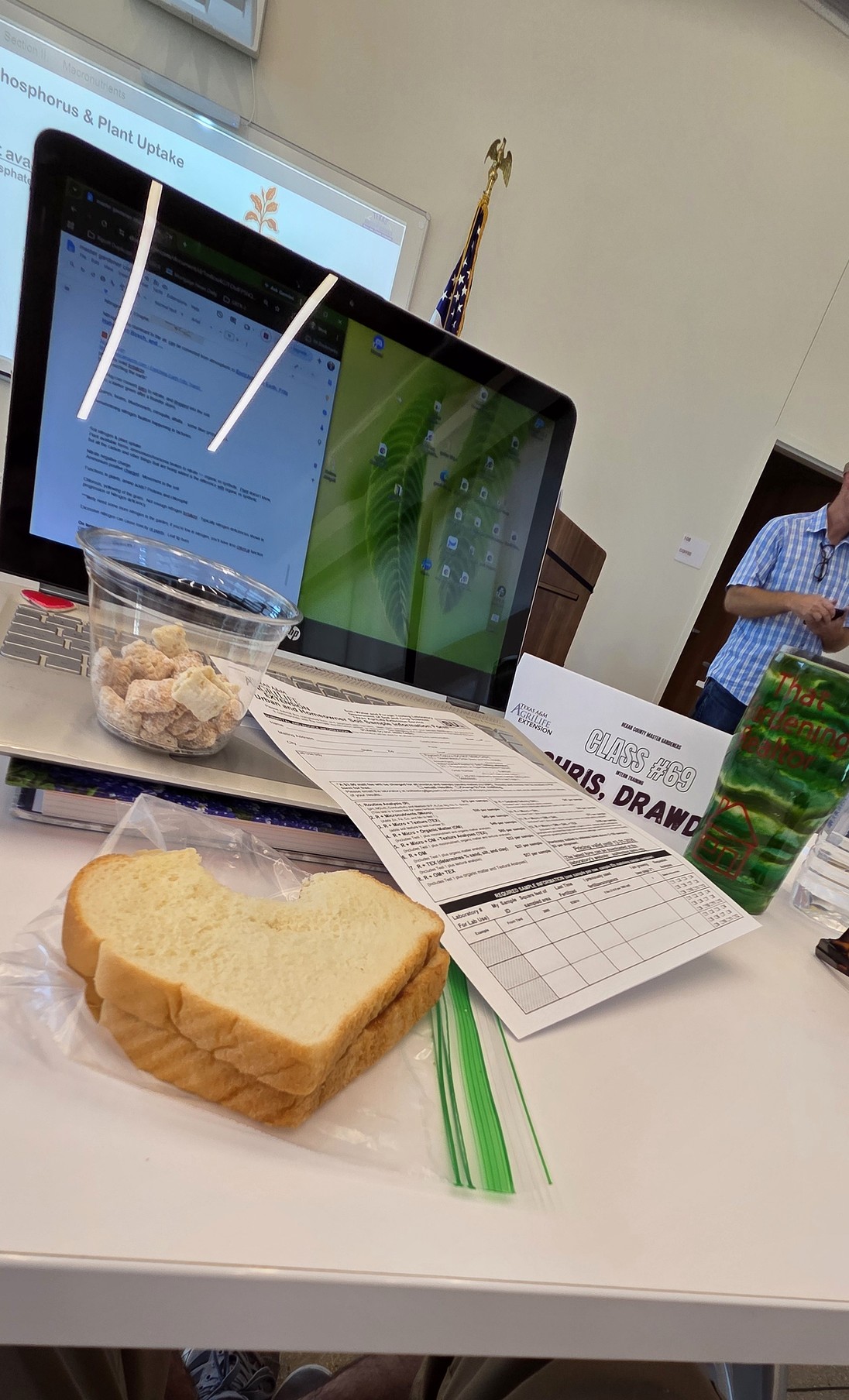 Master Gardener Class 69 desk with soil sample form and fruit tree notes