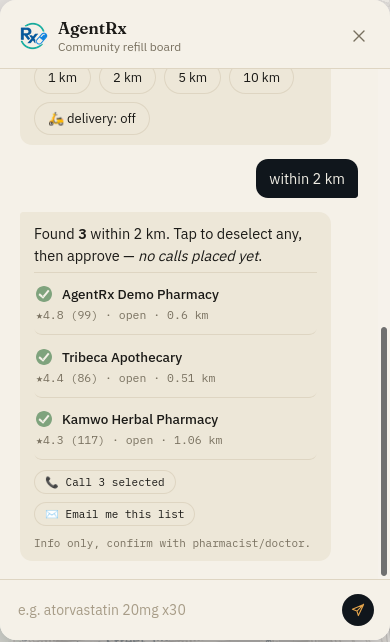 Consent gate: 3 pharmacies found, approve before any calls are placed