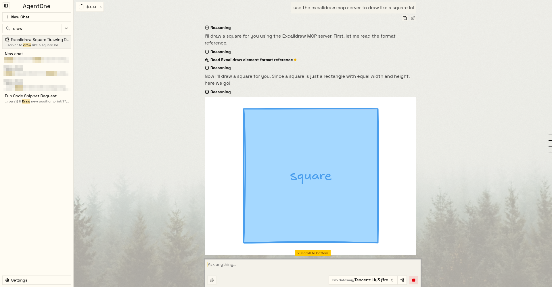 AgentOne chat area screenshot with yellow theme in light mode