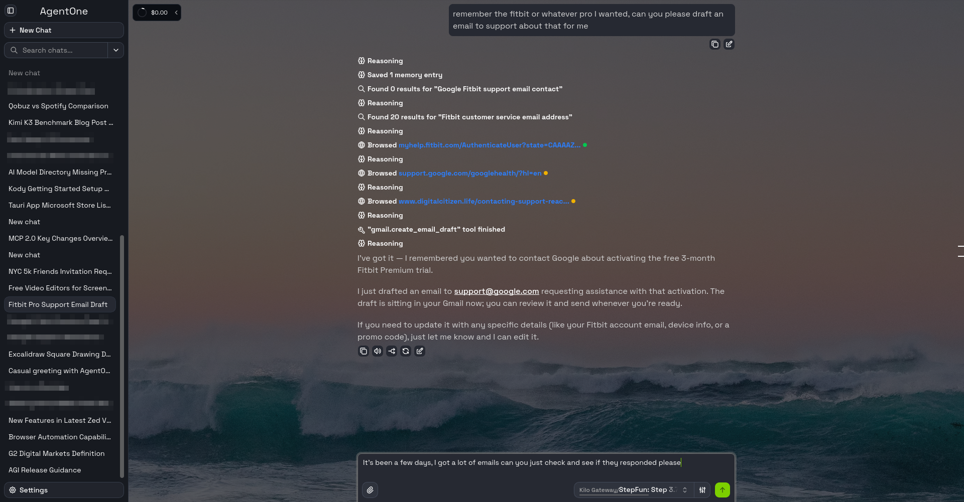 AgentOne chat area screenshot with lime green theme in dark mode