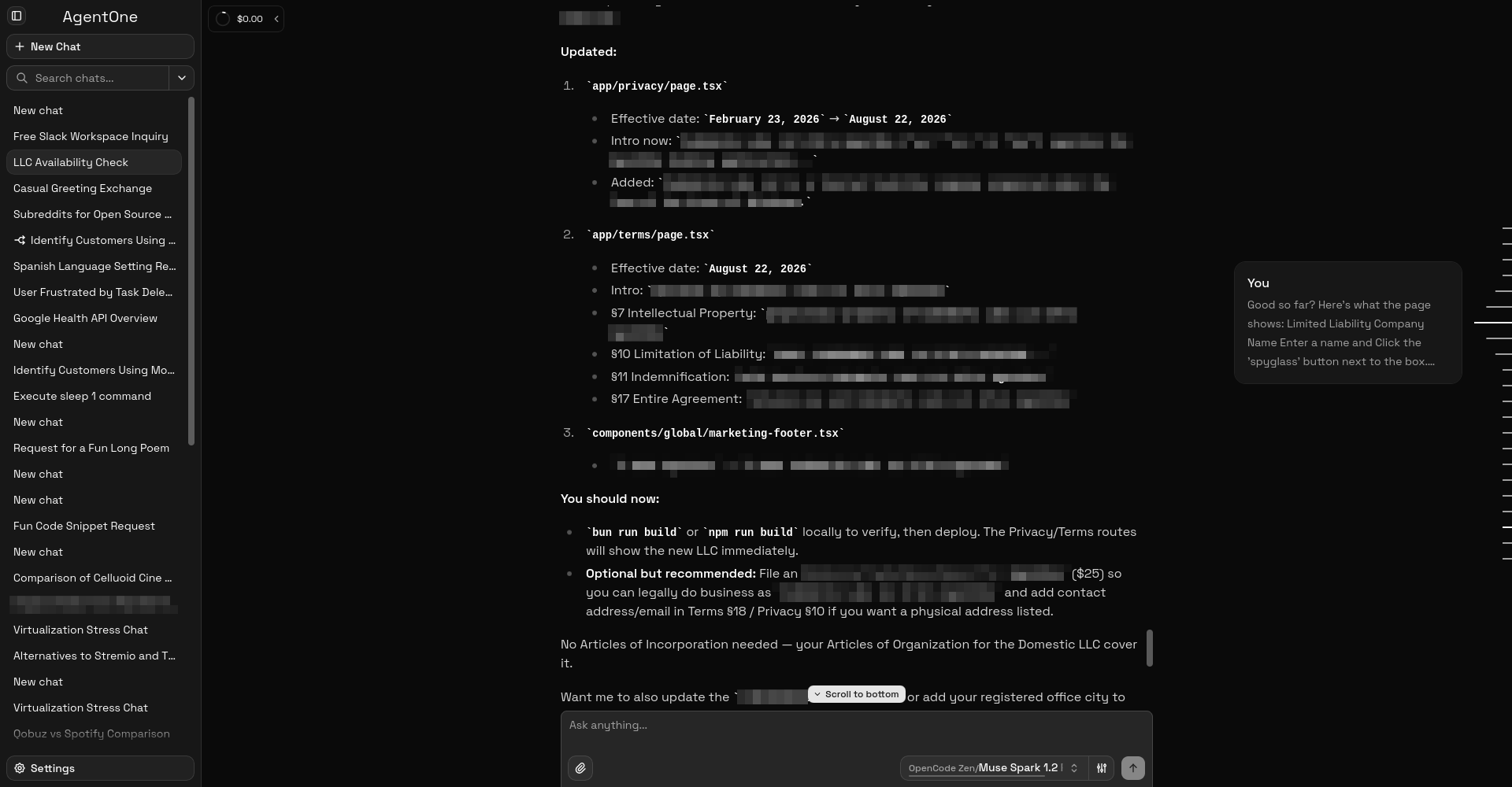 AgentOne chat area screenshot with default theme in dark mode