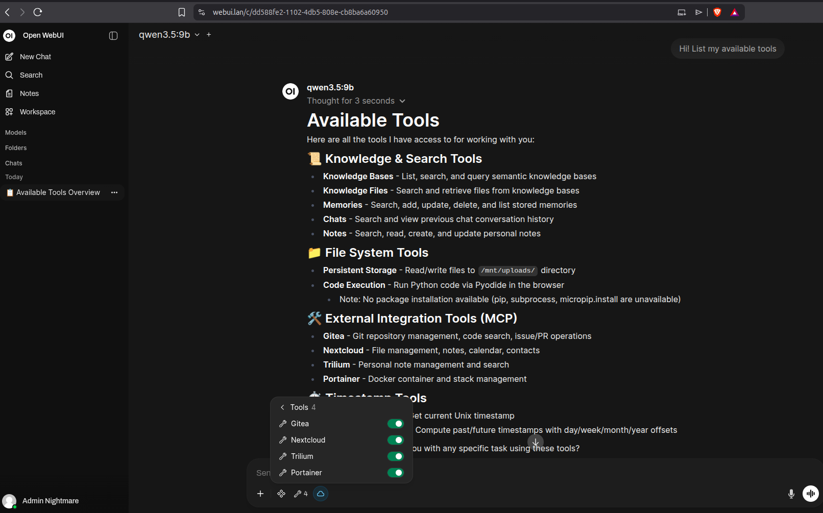 Demonstration of Open WebUI Calling MCP Tools