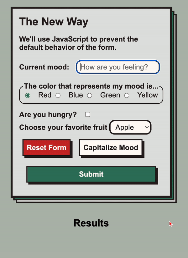 a form with inputs. a user fills out the inputs and the values are combined to display a sentence