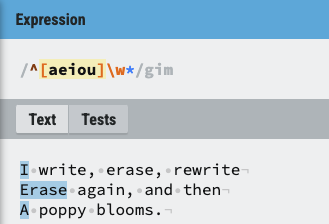 Matches the beginning of any line that starts with a vowel (case insensitive) and is followed by any number of word characters.