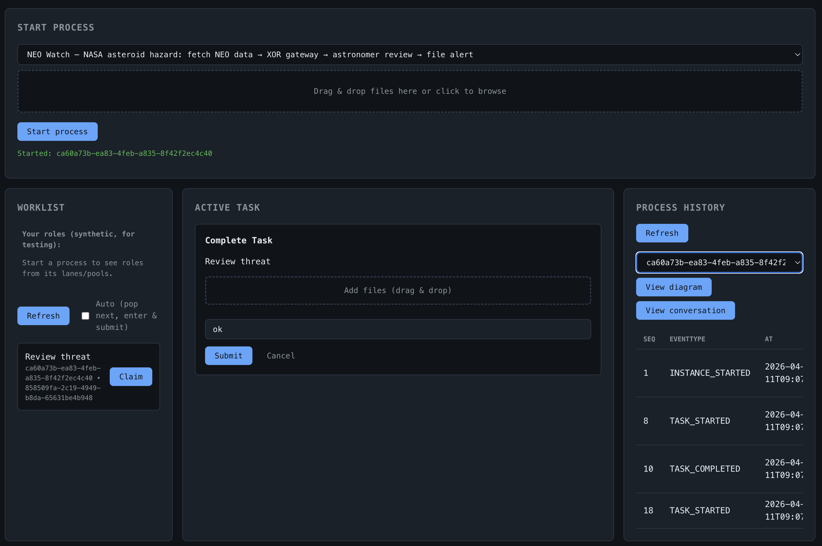 Process portal — NEO Watch running with worklist, active task, and event history