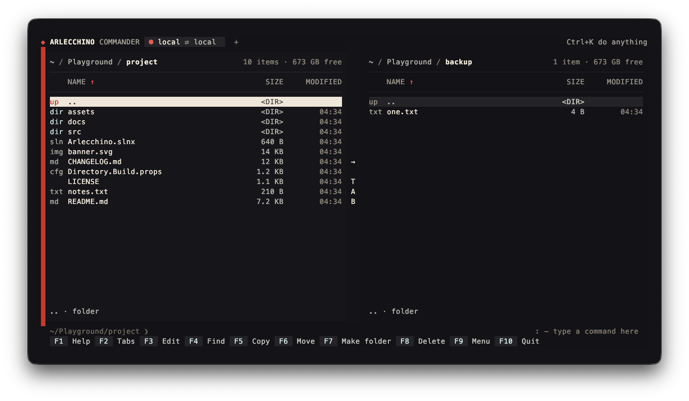 Folders marked, a copy running with its progress opened in full, and the keys screen