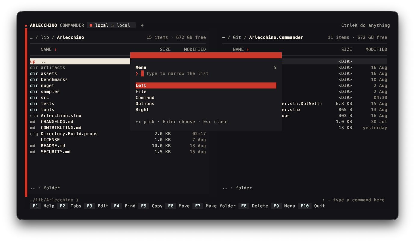 The menu, opened by F9