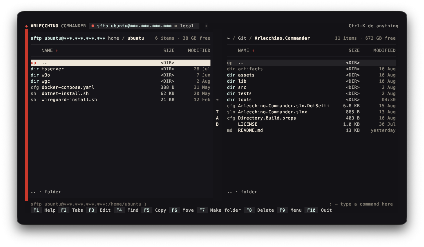 A panel browsing a server over SFTP
