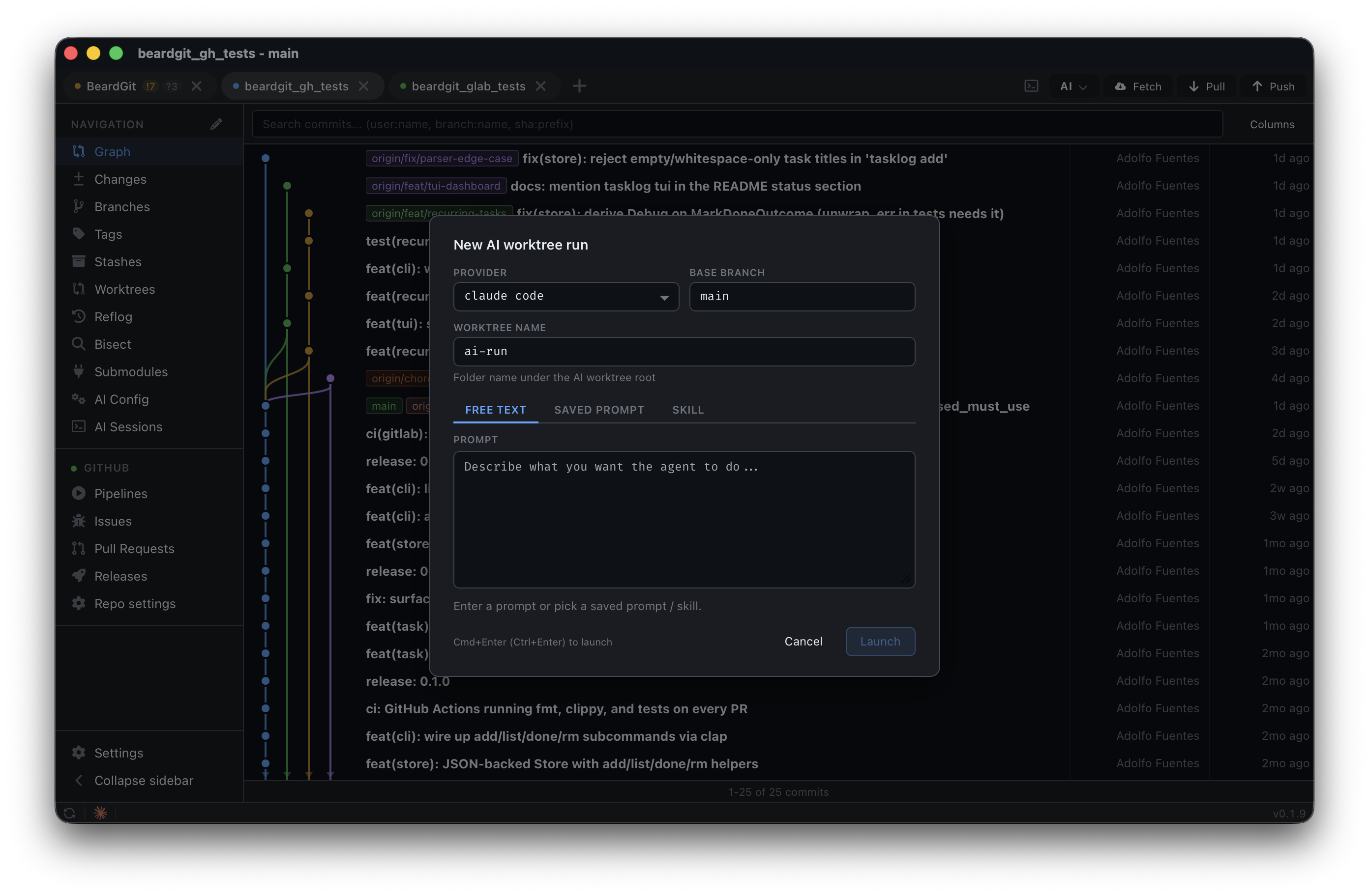 AI background run transcript inside a worktree with provider and prompt selection