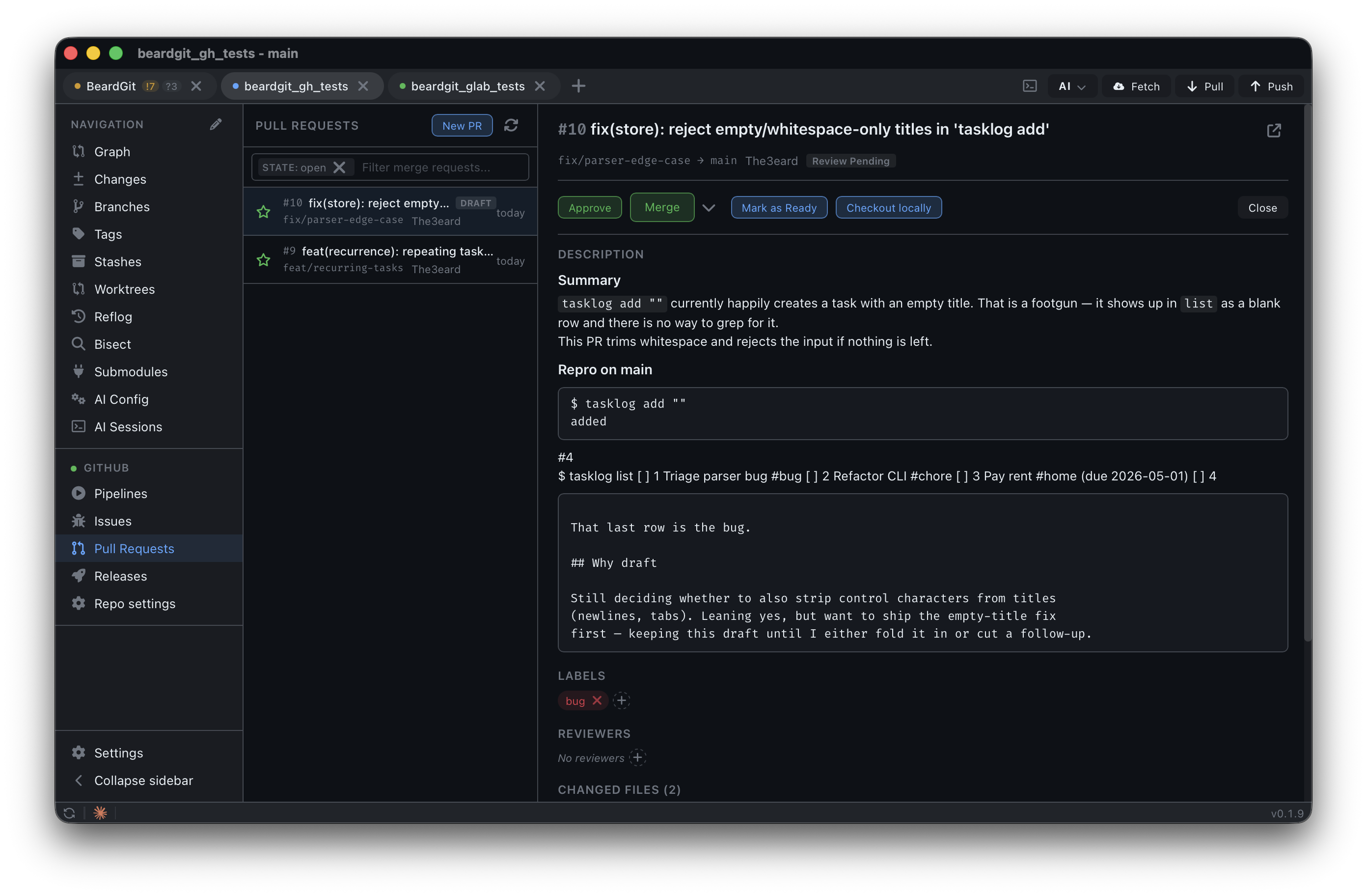 Pull request detail with CI pipeline status and inline review comments