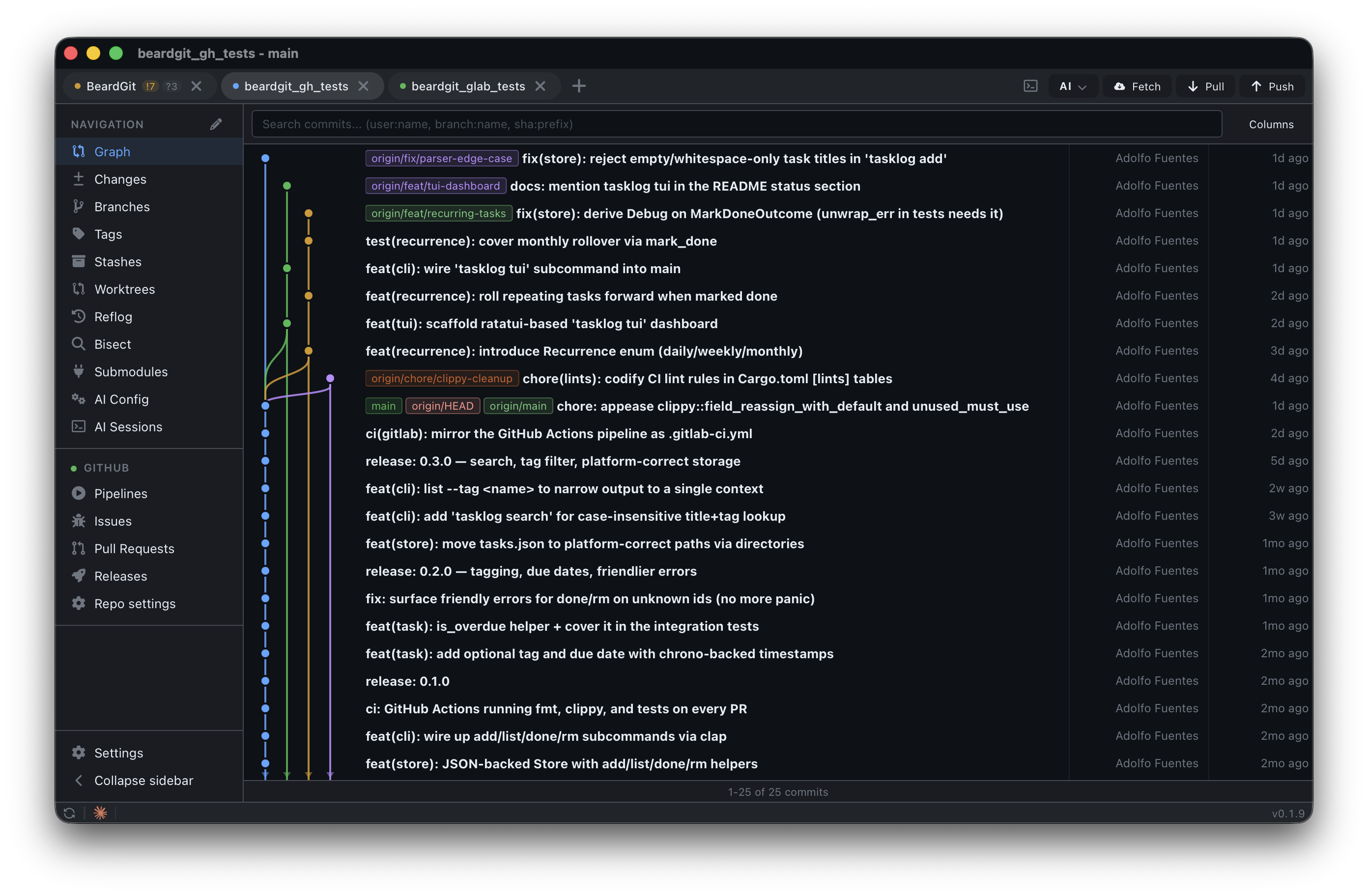 BeardGit canvas commit graph with branch lanes, merge curves, and author highlighting