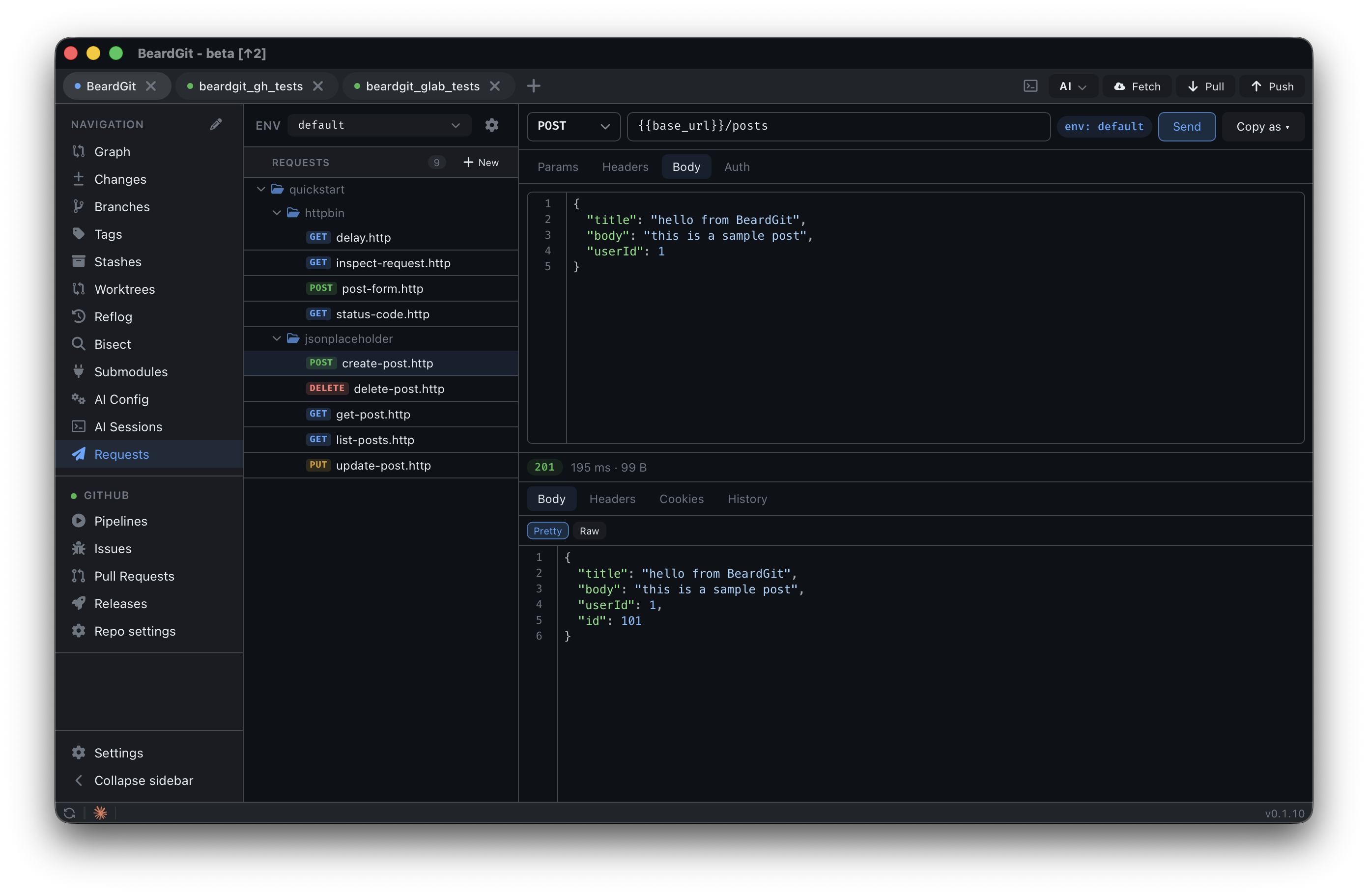 In-repo .http API testing workspace with environment files and response history