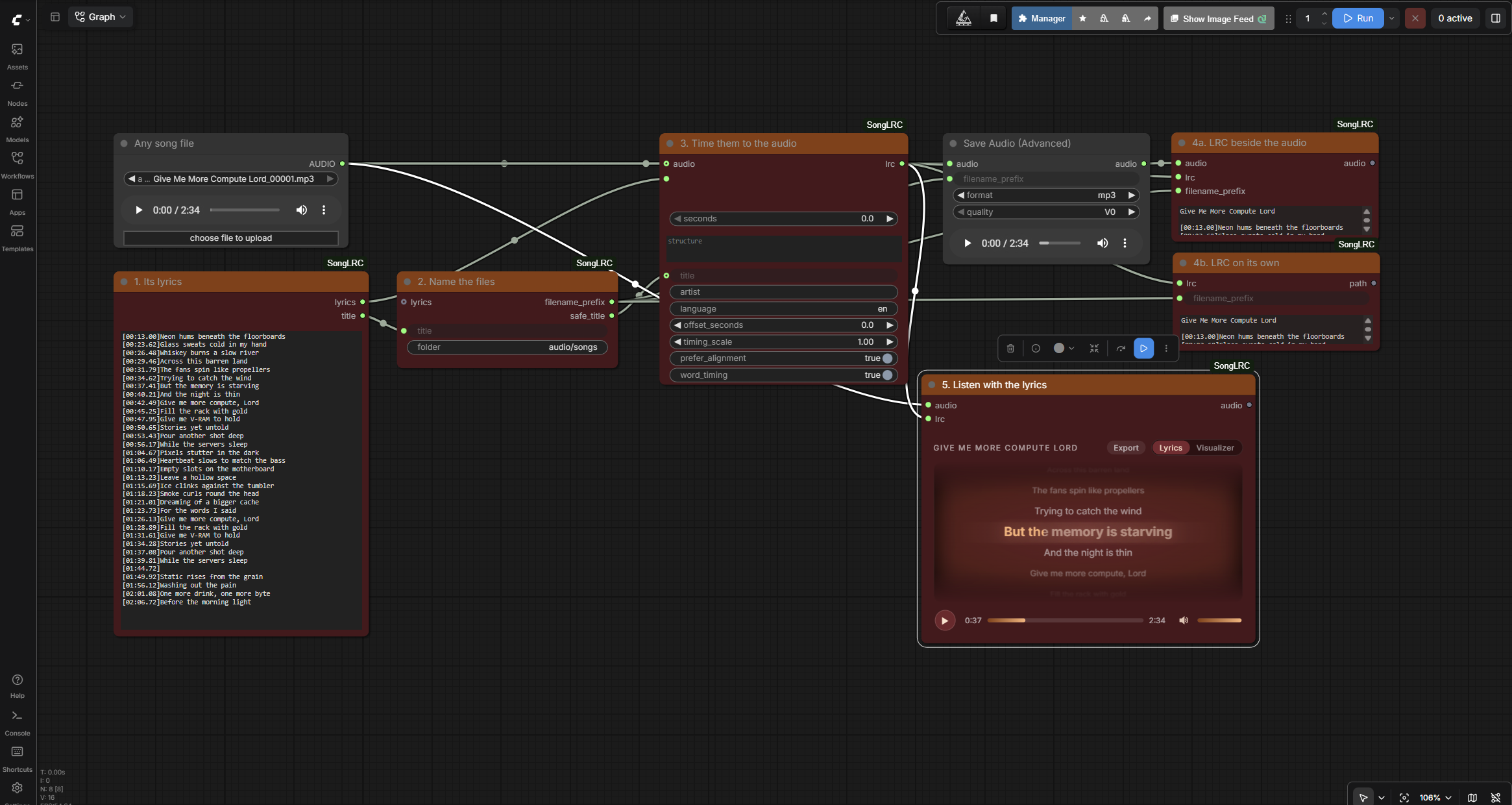 The SongLRC nodes wired together, with the player on the Lyrics tab