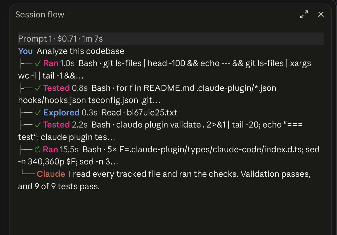 The session-flow pane in the desktop app