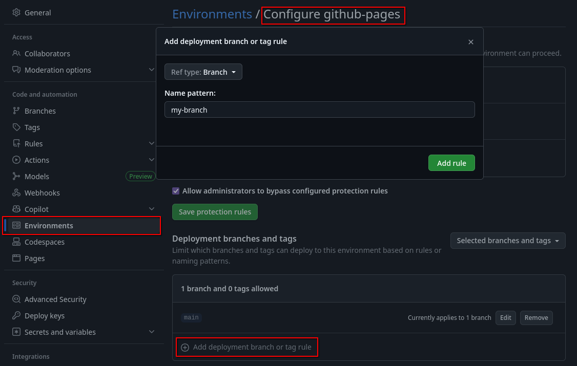 A screenshot showing where to add a branch to the github-pages environment