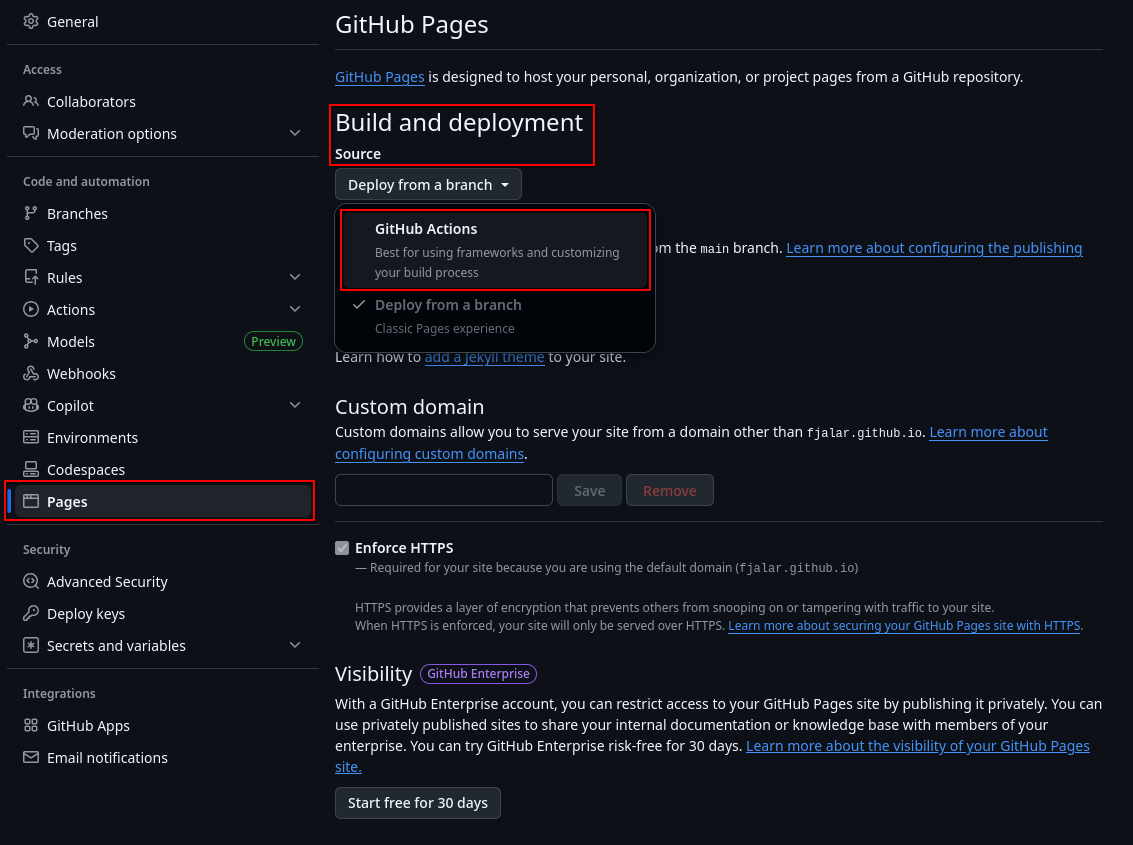 A screenshot showing where to enable Pages deployment via GitHub Actions