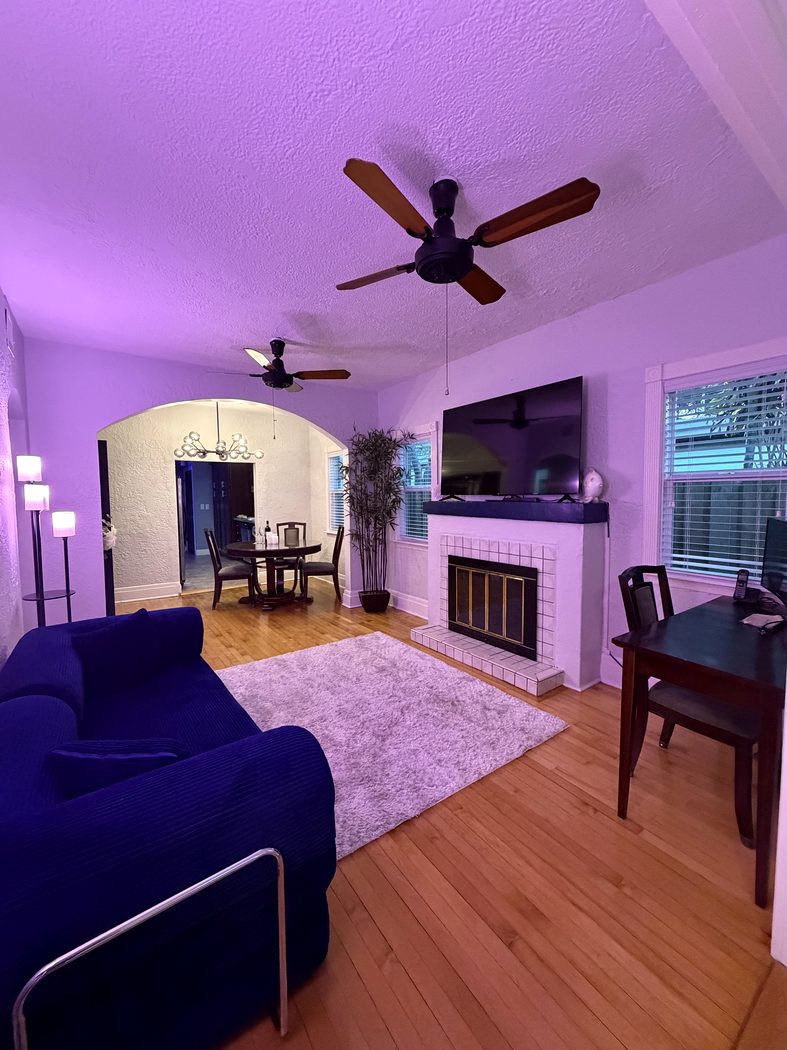 Living room with smart ambient lighting and fireplace
