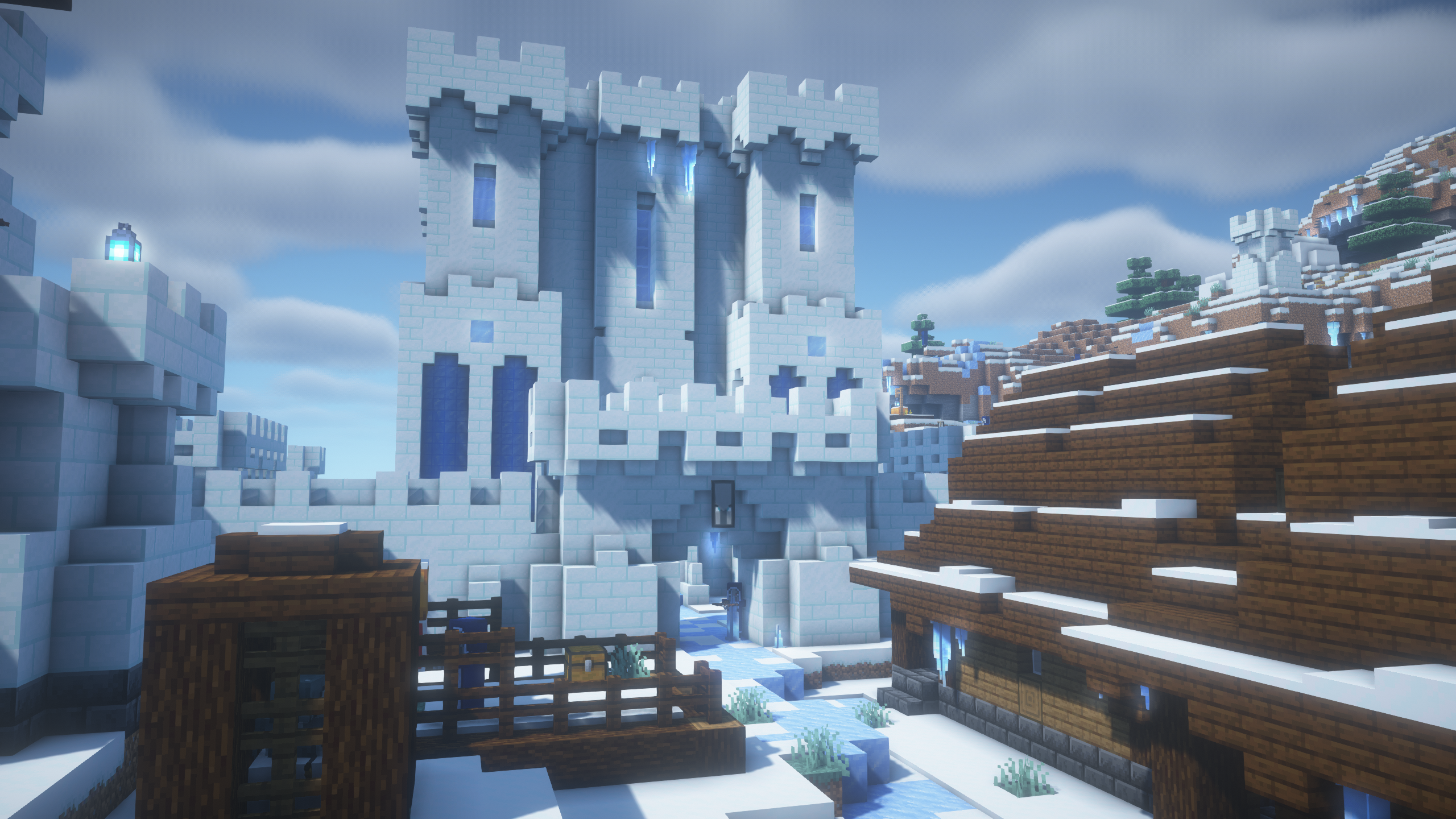 A picture of the Frostologer's Castle, built from packed snow with icicles hanging from the battlements