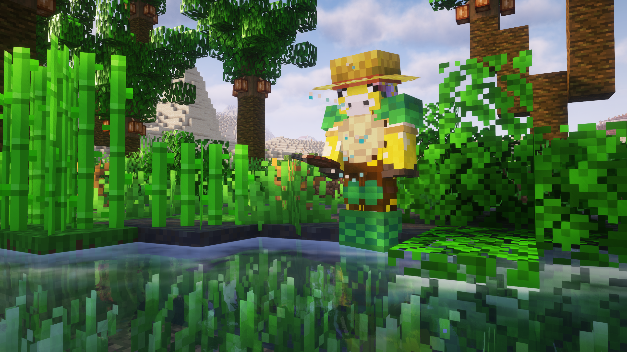 A player wearing a Sun Hat and turtle armor drinking from a water skin.