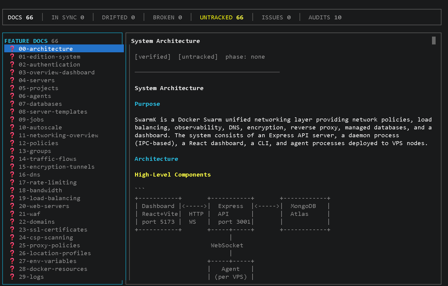 MDD Dashboard — terminal TUI showing feature docs, drift status, and doc content