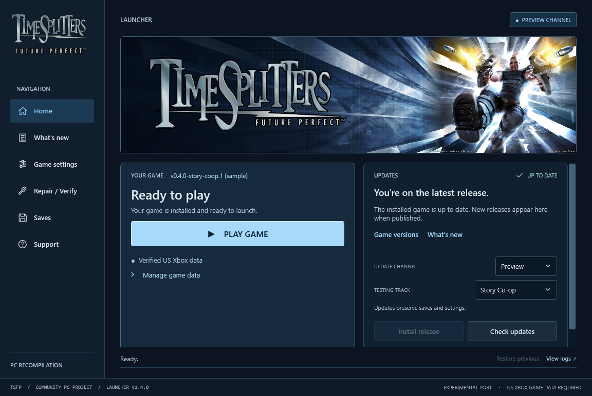 TimeSplitters launcher v1.2.18 with the updated banner, aligned sidebar, Play Game, game versions and update controls