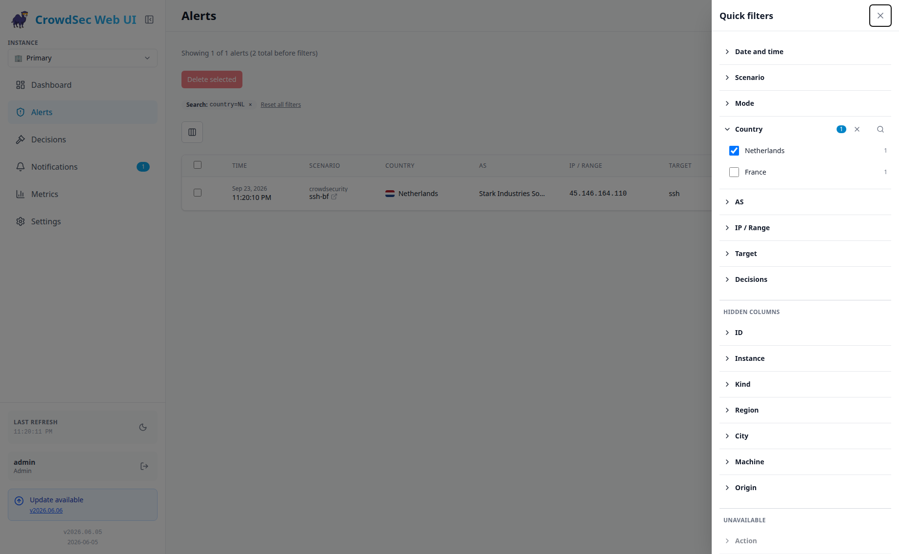 Quick filters applied to alerts