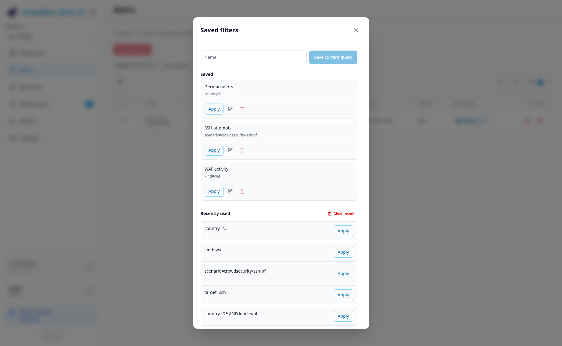 Saved and recently used filters