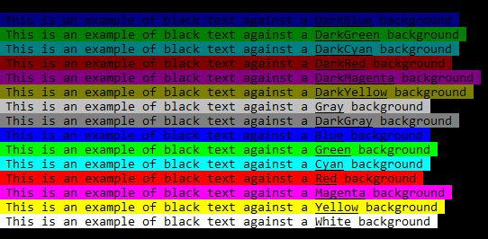 Example of black text against different colored backgrounds