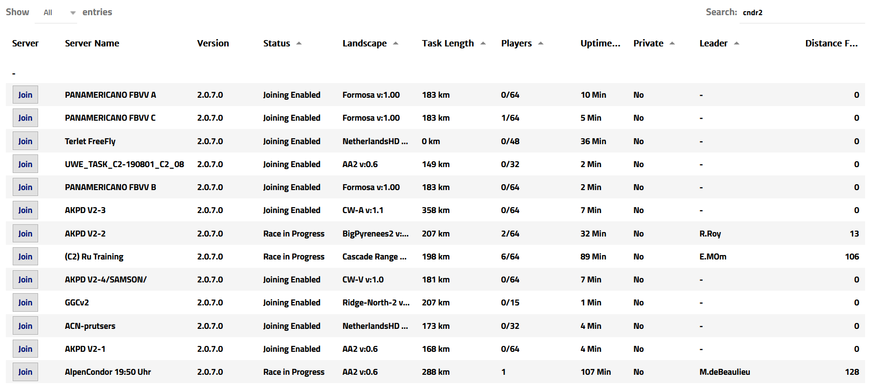 Screenshot of Condor Server List without extension installed