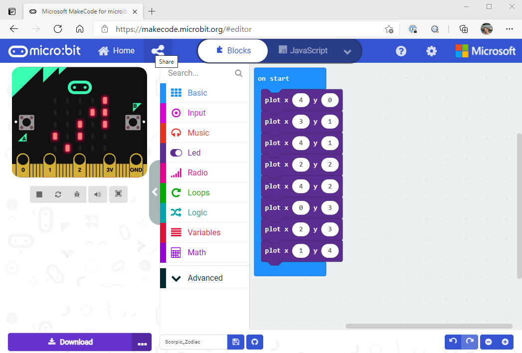 A screenshot of the MakeCode coding page on micro:bit with the share button