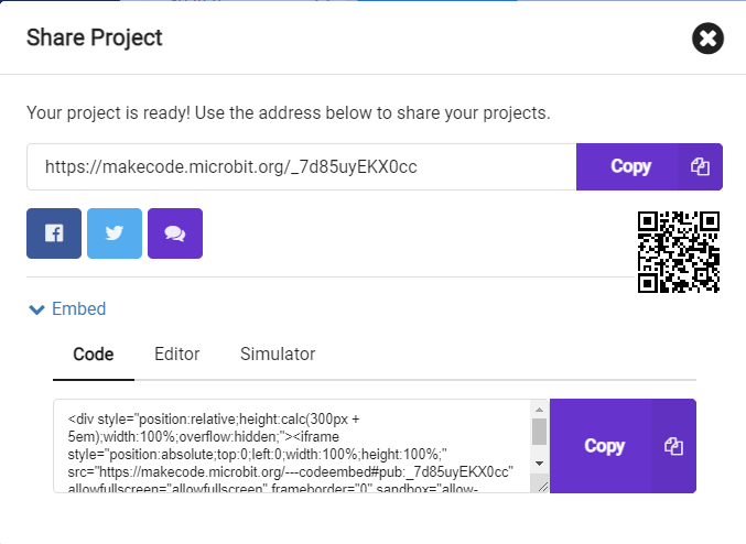 A screenshot of the MakeCode coding page on micro:bit share popup