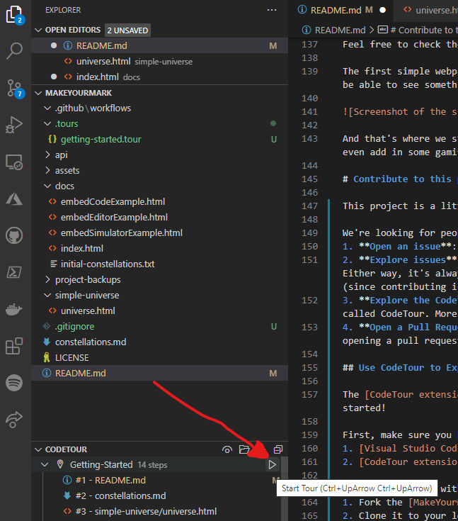 Screenshot of how to start a CodeTour in Visual Studio Code