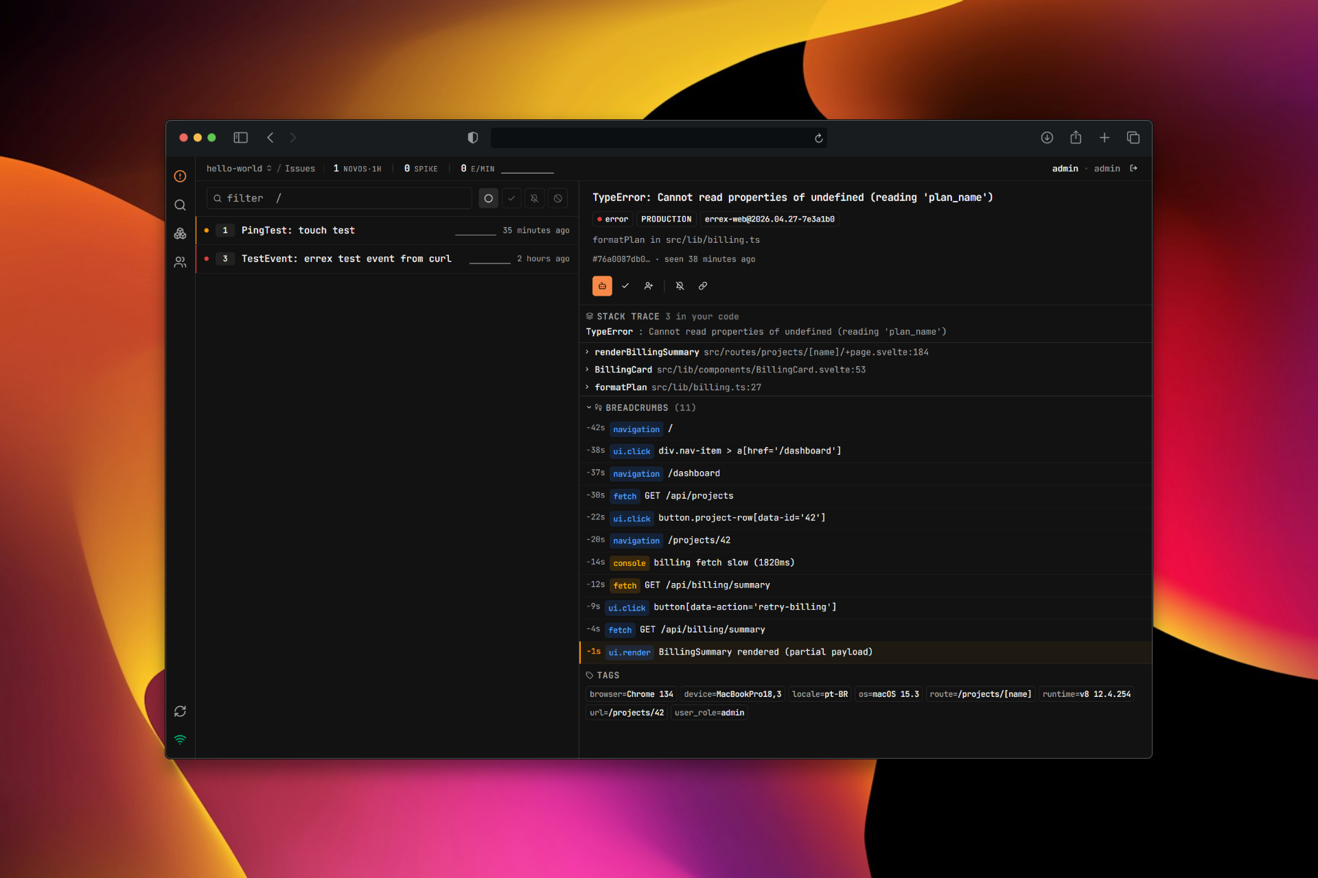 errex dashboard — issue list with live event counts and stack-trace pane