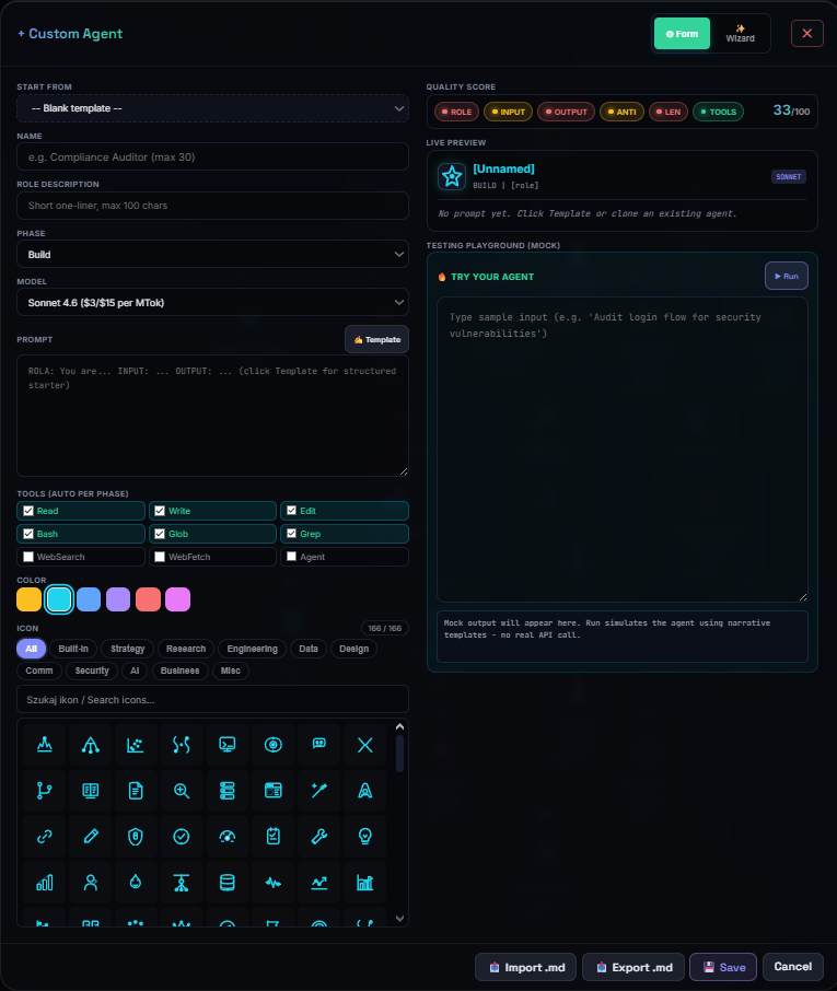Custom Agent Creator Pro - wizard mode with icon picker and live preview