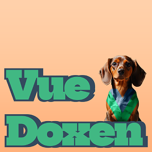 A doxen dog with the Vue logo on it's chest