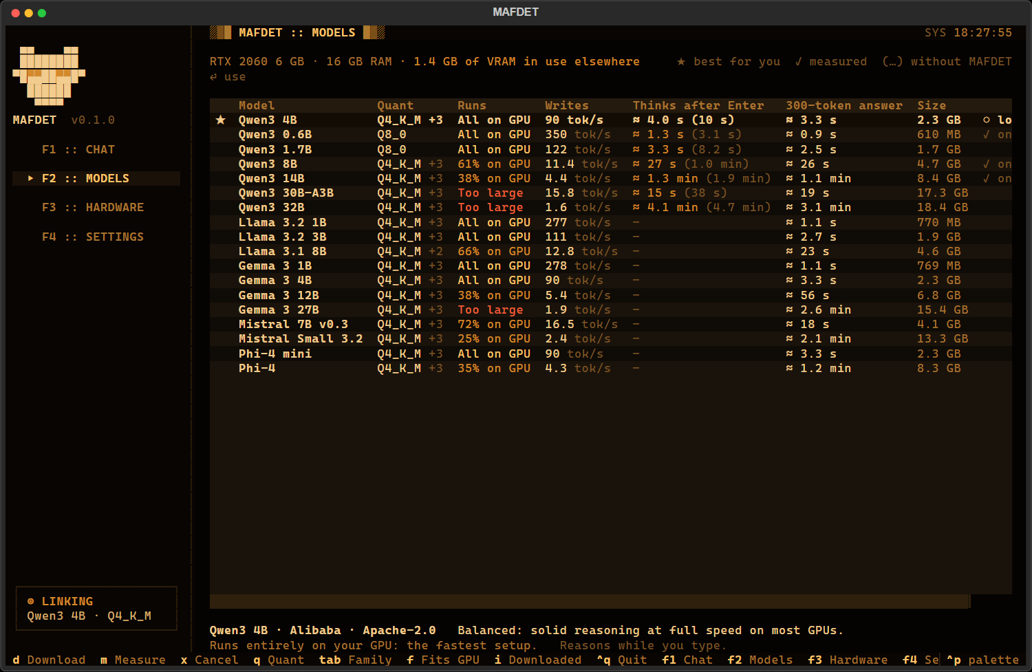 The terminal app: the model catalog as a table