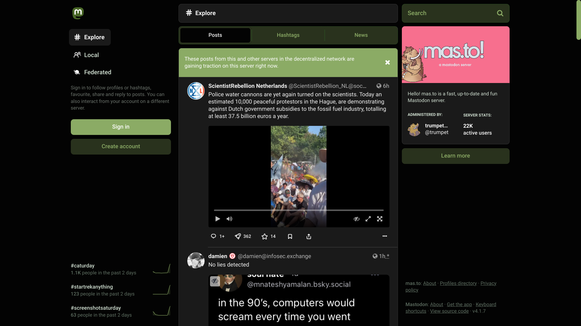 the explore page on Mastodon featuring Tangerine UI's green variant in dark mode on a desktop client